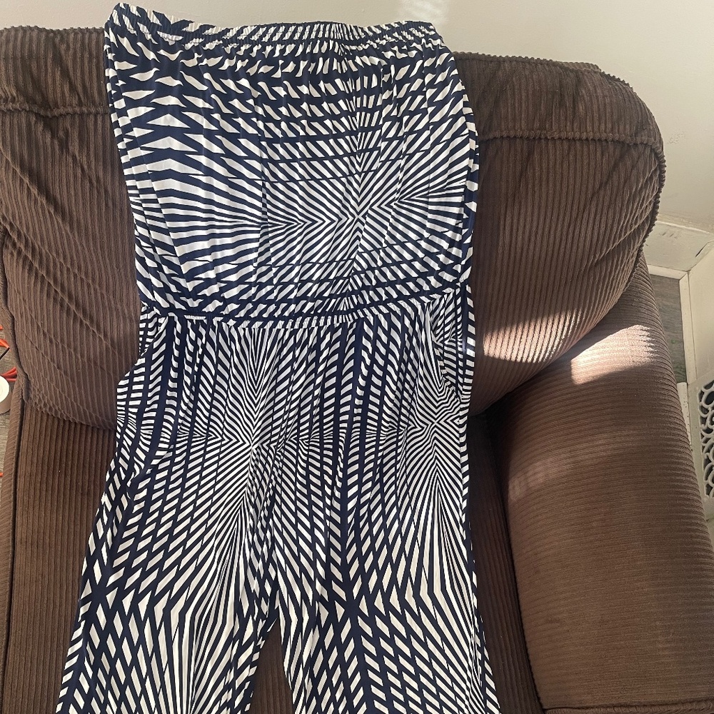 Plus Size White and Navy Blue Halter Top Romper with Pockets